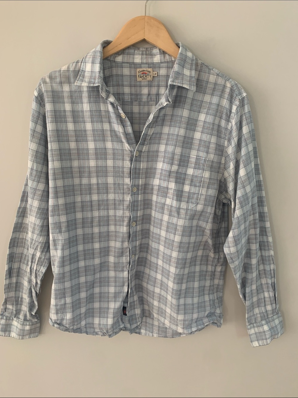 Faherty Men’s Plaid Cotton Button Up Shirt Light Blue Size Large Casual